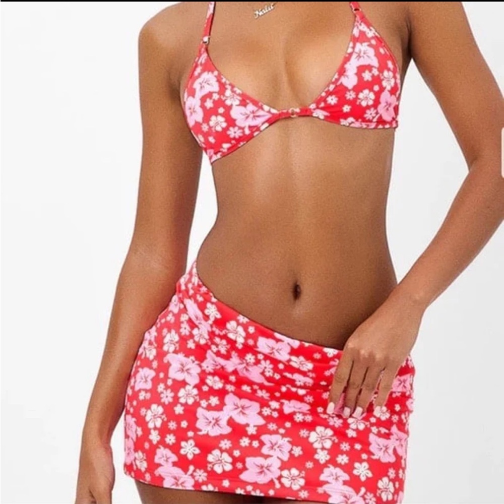 Frankie’s Bikinis Red Floral Coconut Girl Bikini Skirt Set